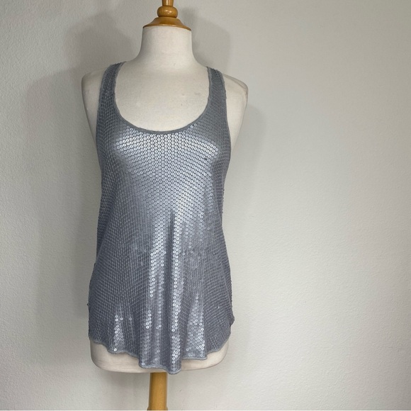 BCBGMaxAzria Women Silver Gray Sequins Scoop Racerback Tank Top Size Small Y2K - Picture 1 of 14